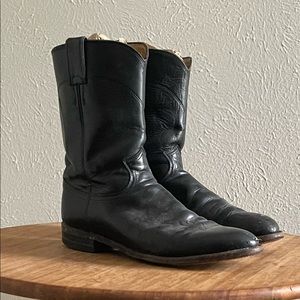 Men’s JUSTIN Roper Boots • Size 8.5D Black Genuine Leather Vintage Western Boots